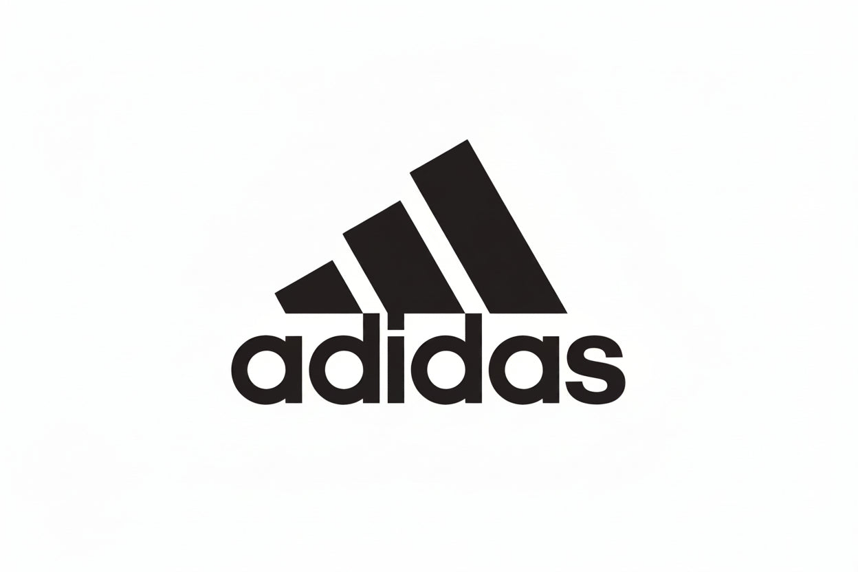 Black Adidas logo on a white grid background