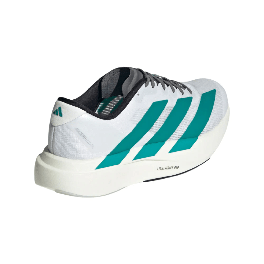 Adidas AdiZero EVO SL Cloud White Pure Teal sneakers heel view