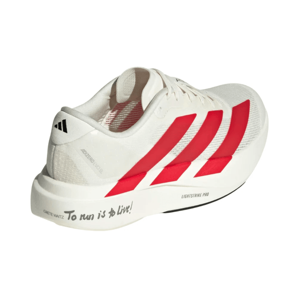 Adidas AdiZero EVO SL Off White Better Scarlet Core Black sneakers on feet Dubai