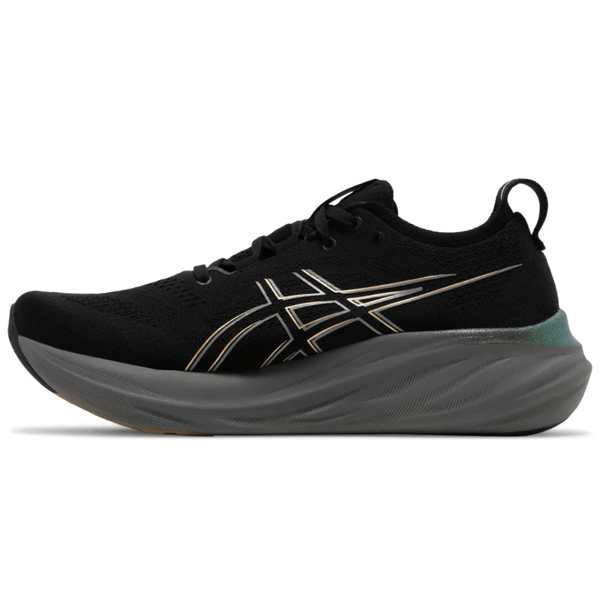 ASICS Gel-Nimbus 26 Platinum Black Champagne running shoes on feet Dubai