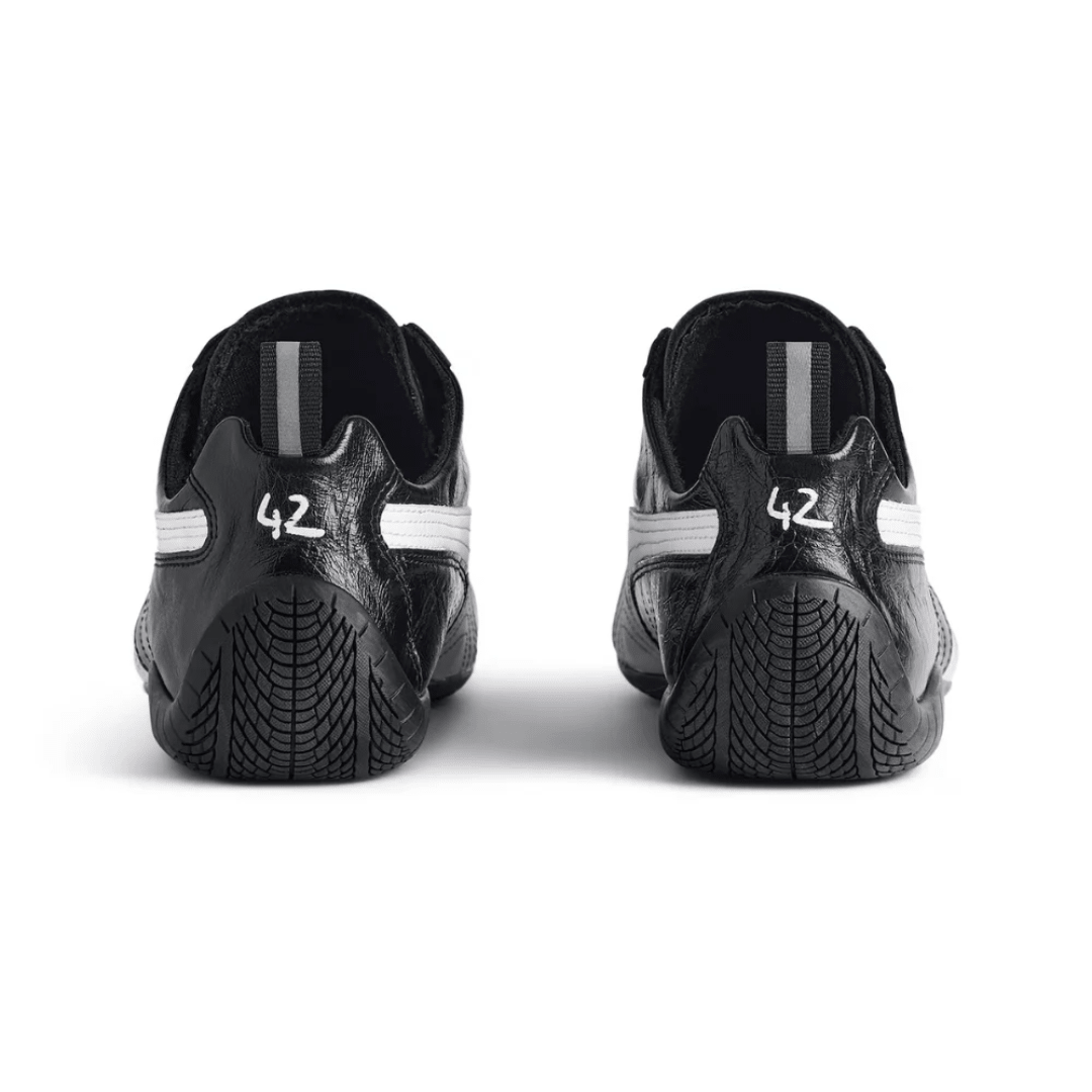 Balenciaga x Puma Speedcat Leather Black White sneakers heel view
