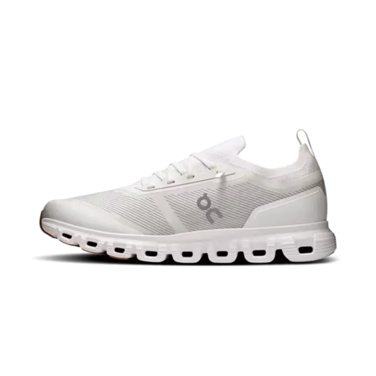 White athletic shoe with brand logo on a white background