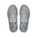 Pair of gray running shoes with 'on' branding on a white background