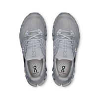 Pair of gray running shoes with 'on' branding on a white background