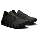 Black running shoes with a visible brand logo on a white background
