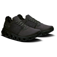 Black running shoes with a visible brand logo on a white background