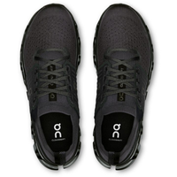 Black running shoes with 'on' logo on a white background