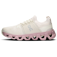 White and pink running shoe with 'on' brand logo on a white background