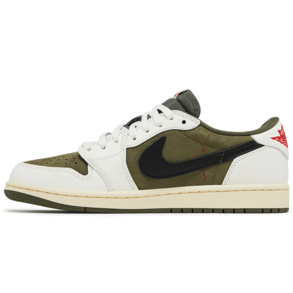 Travis Scott x Nike Air Jordan 1 Retro Low OG SP Reverse Olive Medium Olive sneakers on feet Dubai